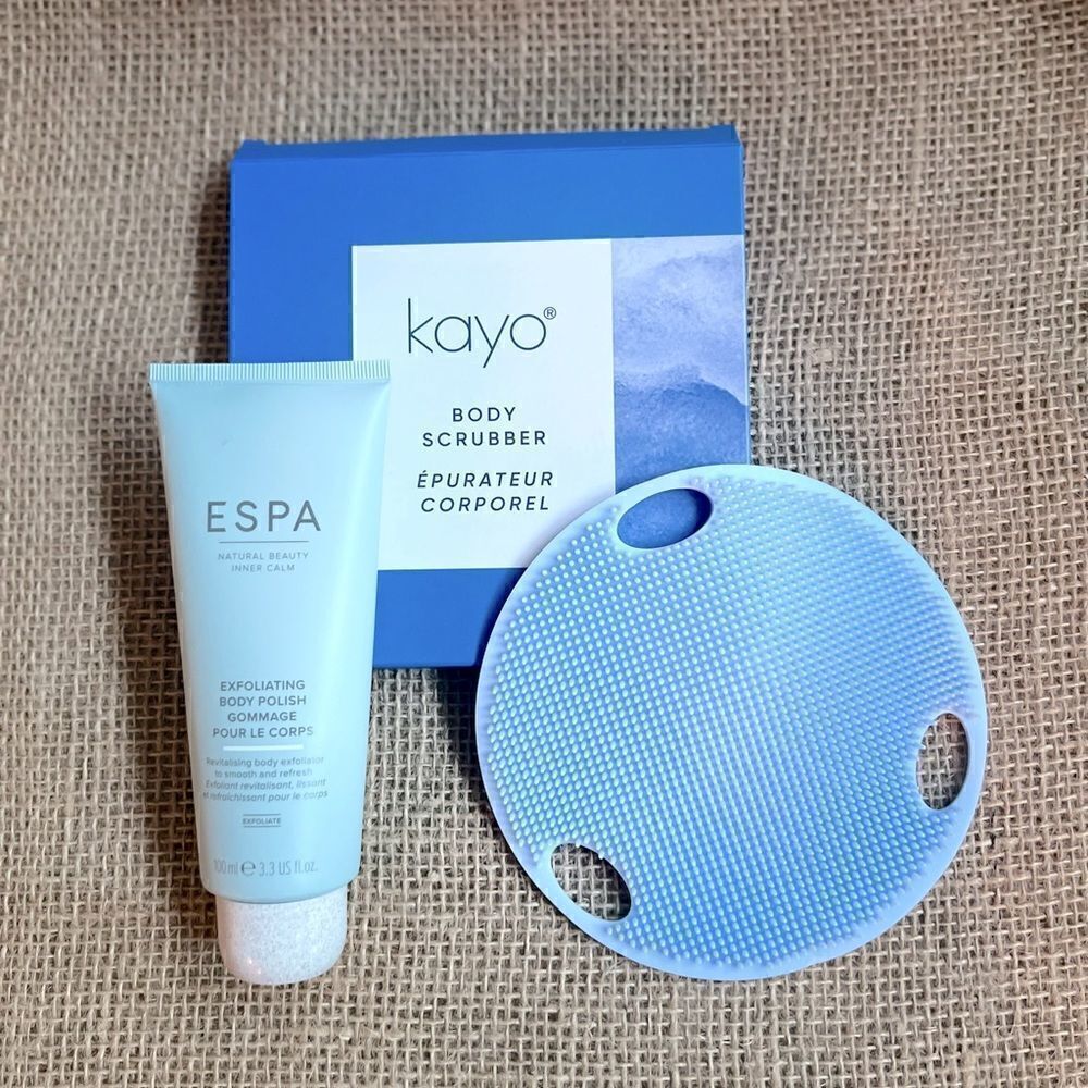ESPA exfoliating body polish and Kayo silicone body scrubber bundle both NEW